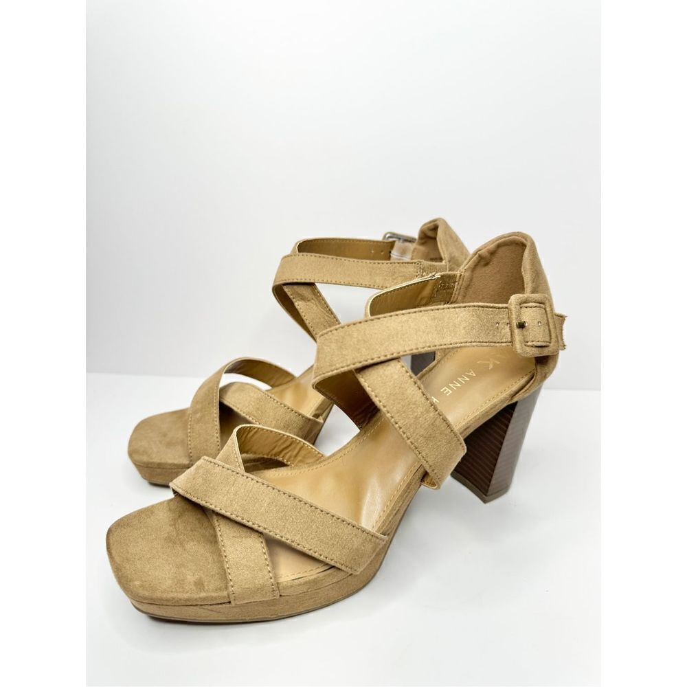 Anne Klein Sandals Womens Size 10 Tan Crossover Block Heel Open Toe Heels